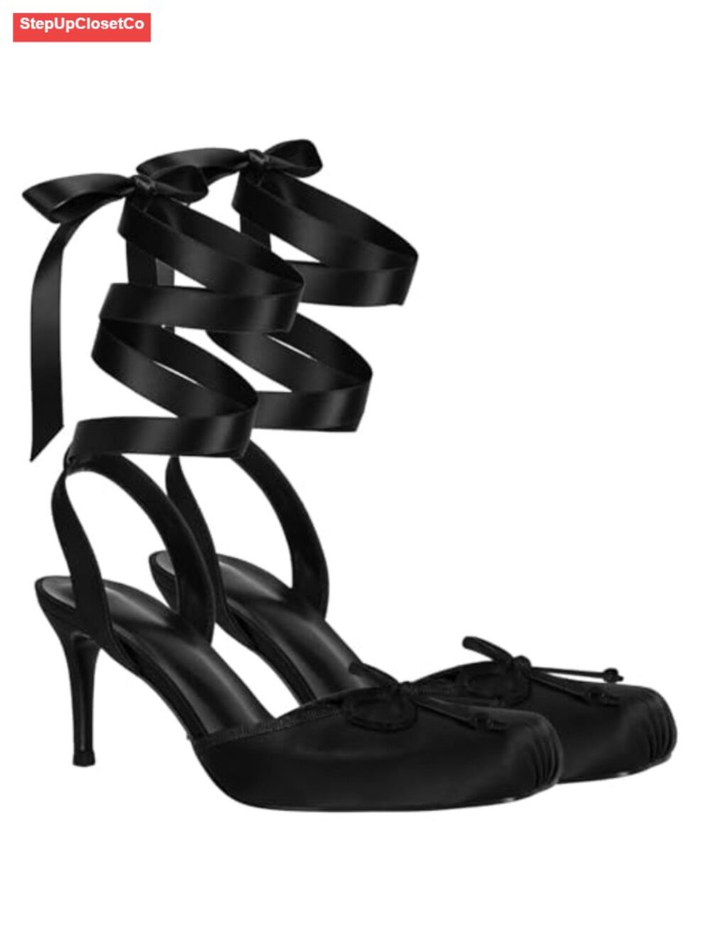 Satin Lace-Up Ballet Heels, Square Toe Stiletto Pumps with Bow, Ankle Strap